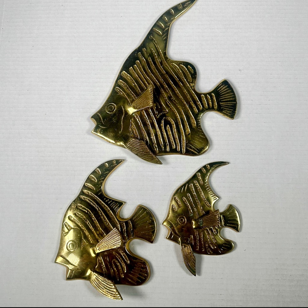 Vintage Antique Retro Brass Gold Fish Wall Decor Set of 3